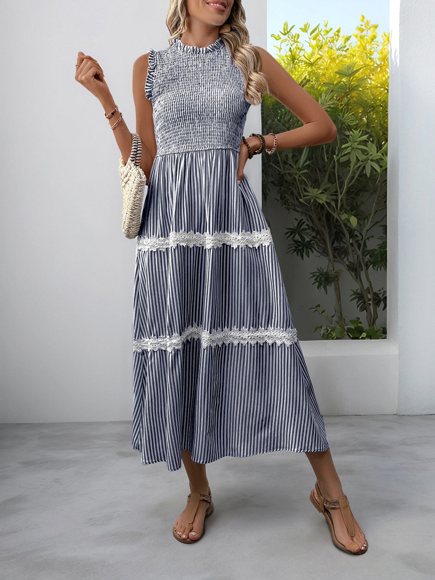 Ruffled Sleeveless Striped Smocked Lace Tiered Dress