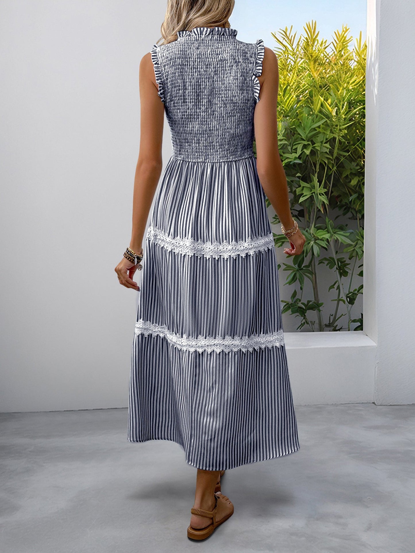 Ruffled Sleeveless Striped Smocked Lace Tiered Dress