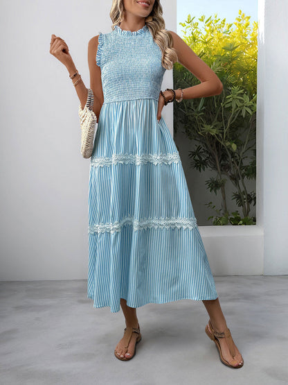 Ruffled Sleeveless Striped Smocked Lace Tiered Dress