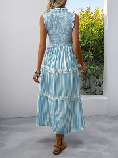 Ruffled Sleeveless Striped Smocked Lace Tiered Dress
