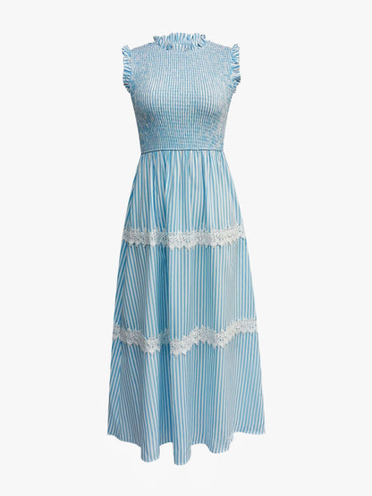 Ruffled Sleeveless Striped Smocked Lace Tiered Dress