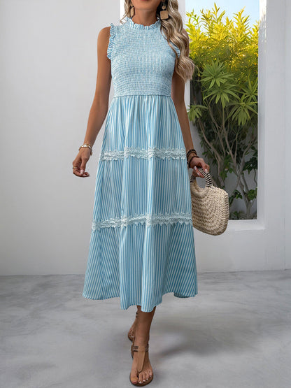 Ruffled Sleeveless Striped Smocked Lace Tiered Dress