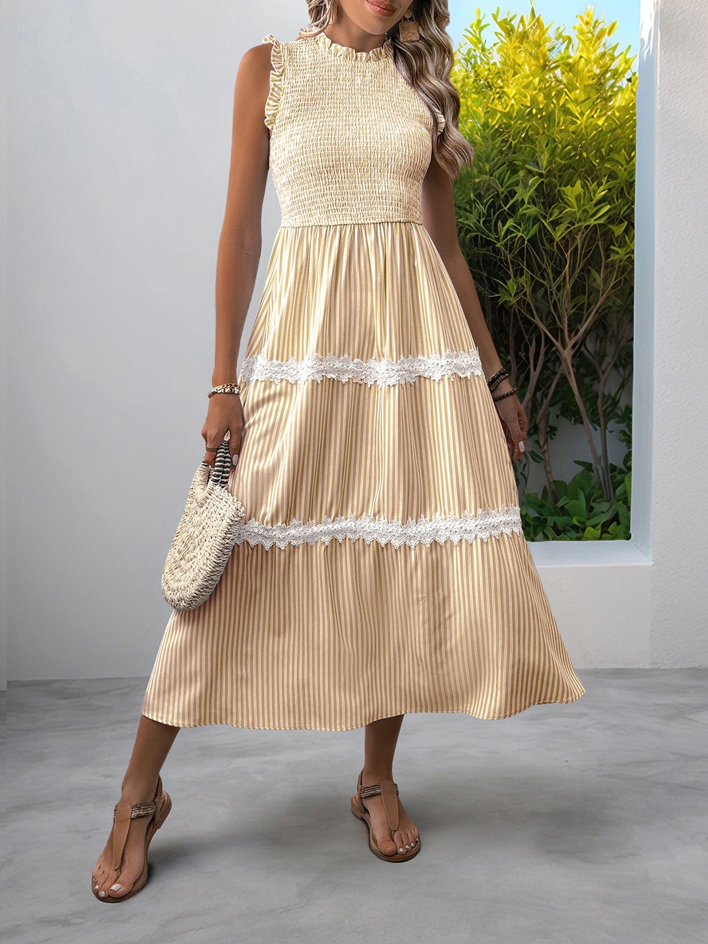 Ruffled Sleeveless Striped Smocked Lace Tiered Dress