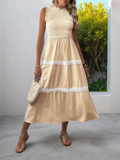 Ruffled Sleeveless Striped Smocked Lace Tiered Dress