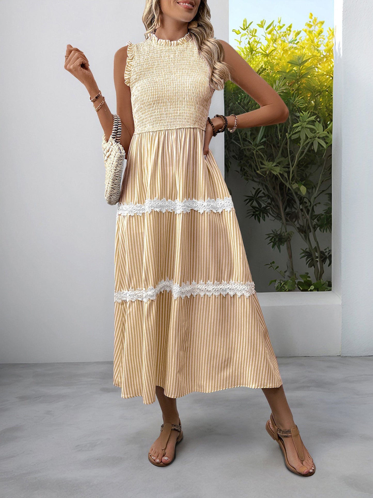 Ruffled Sleeveless Striped Smocked Lace Tiered Dress