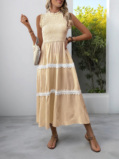 Ruffled Sleeveless Striped Smocked Lace Tiered Dress