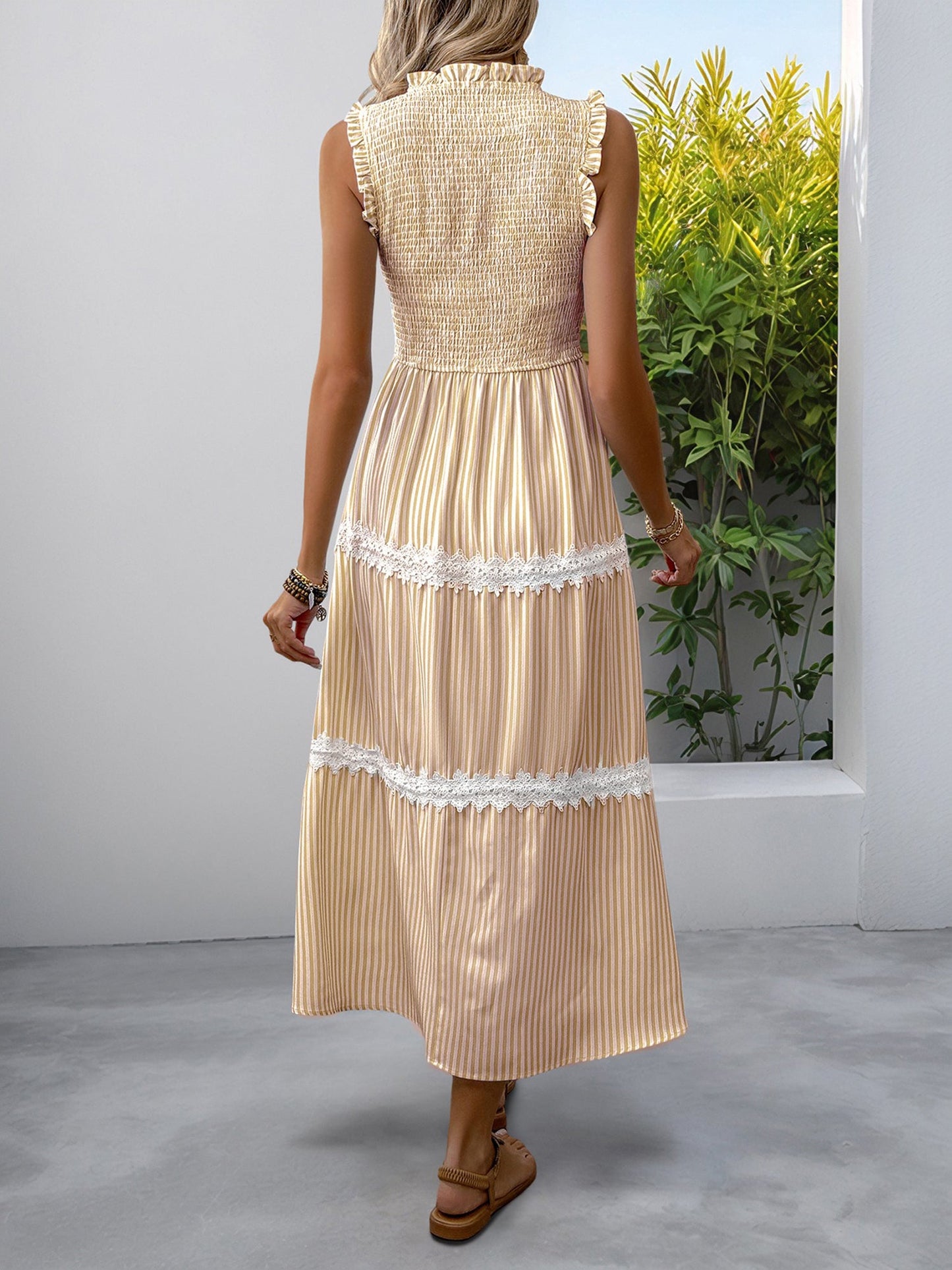 Ruffled Sleeveless Striped Smocked Lace Tiered Dress