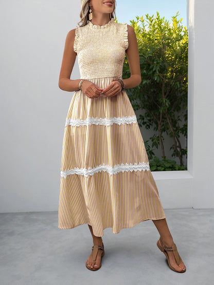 Ruffled Sleeveless Striped Smocked Lace Tiered Dress
