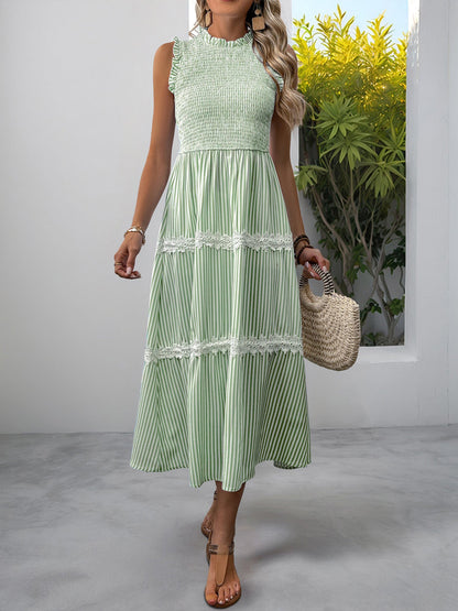 Ruffled Sleeveless Striped Smocked Lace Tiered Dress