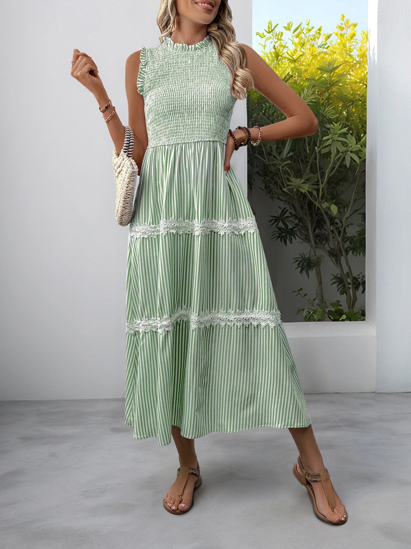 Ruffled Sleeveless Striped Smocked Lace Tiered Dress