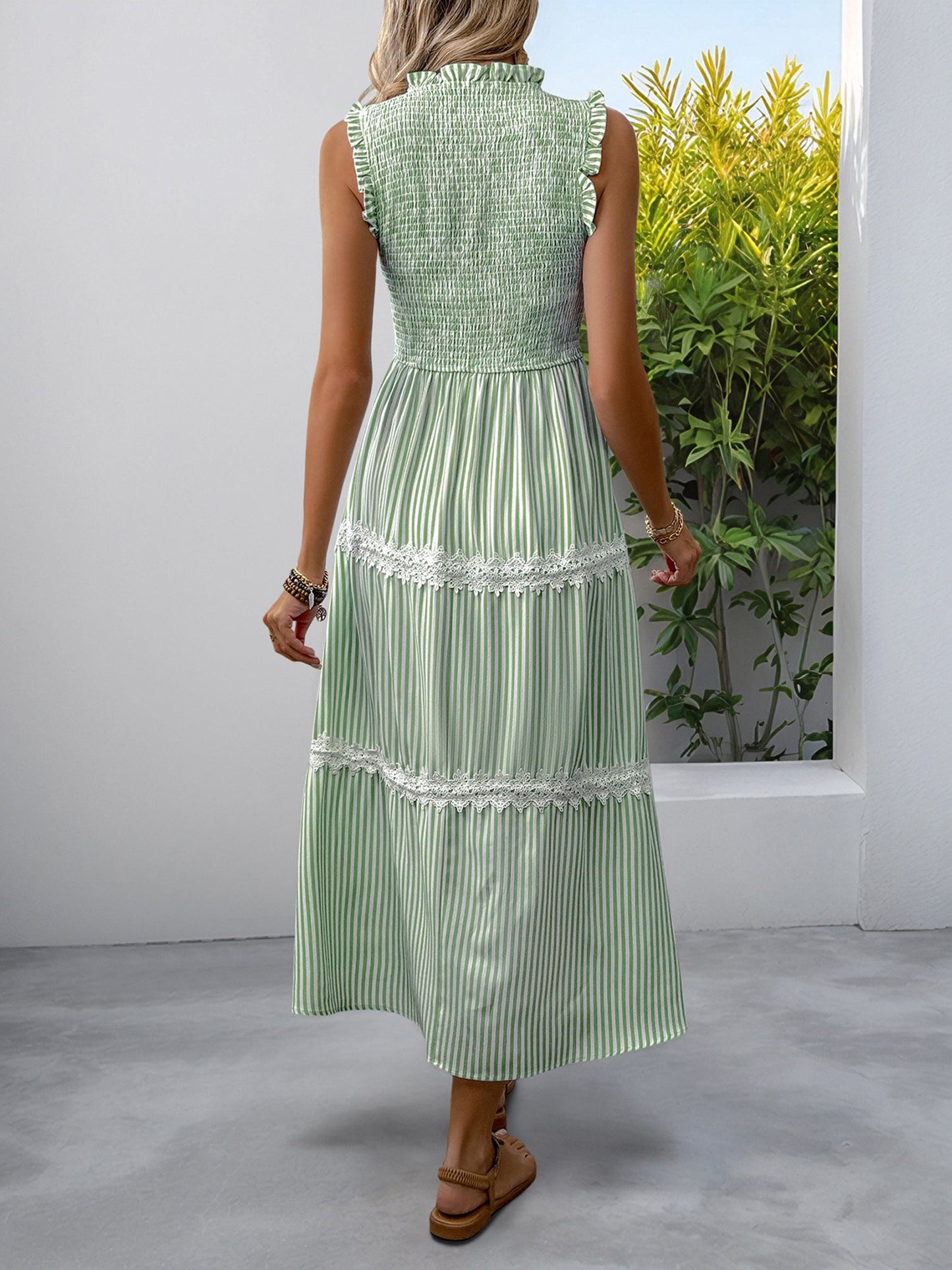 Ruffled Sleeveless Striped Smocked Lace Tiered Dress