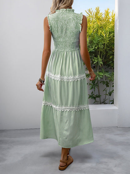 Ruffled Sleeveless Striped Smocked Lace Tiered Dress