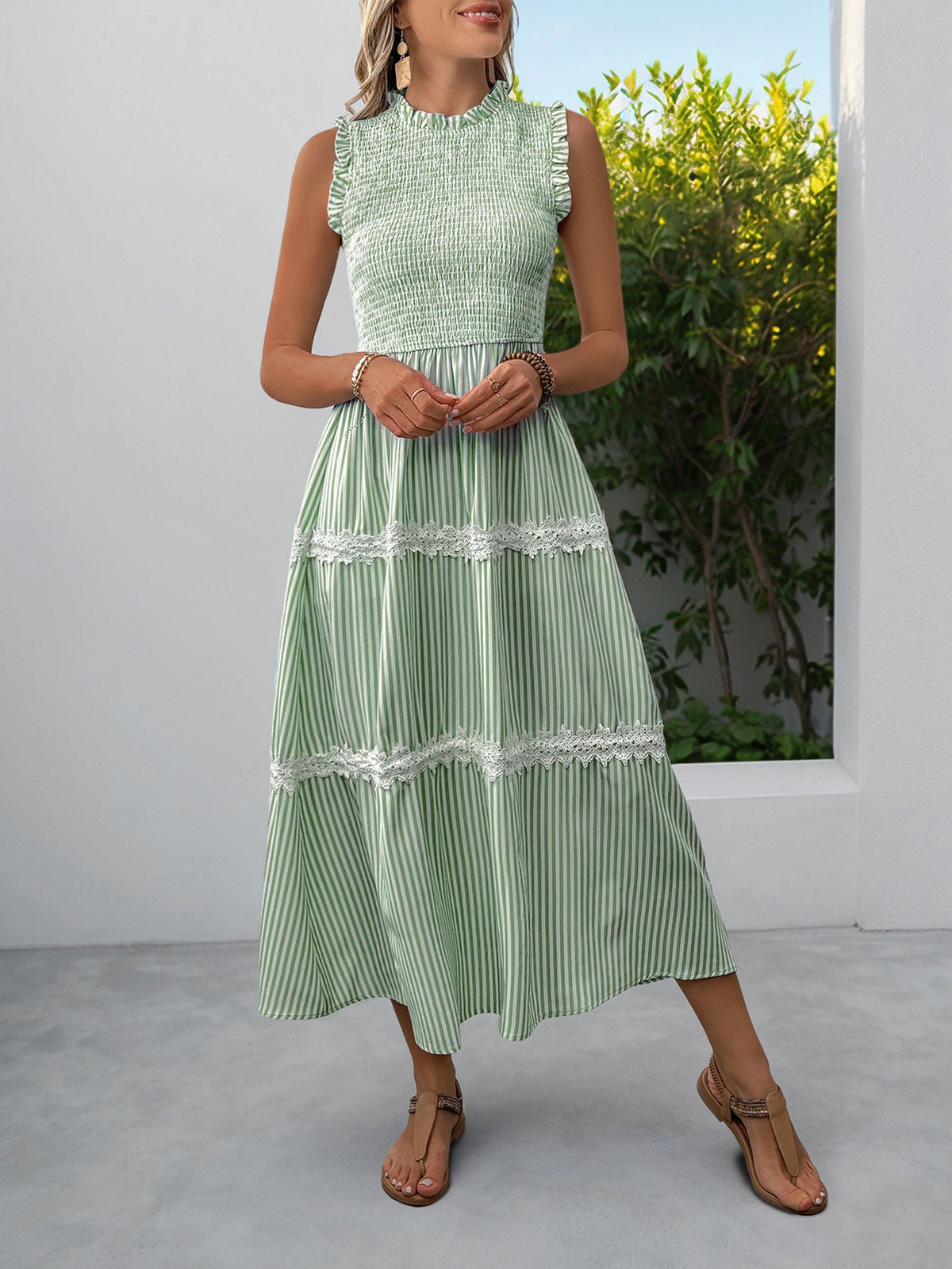 Ruffled Sleeveless Striped Smocked Lace Tiered Dress