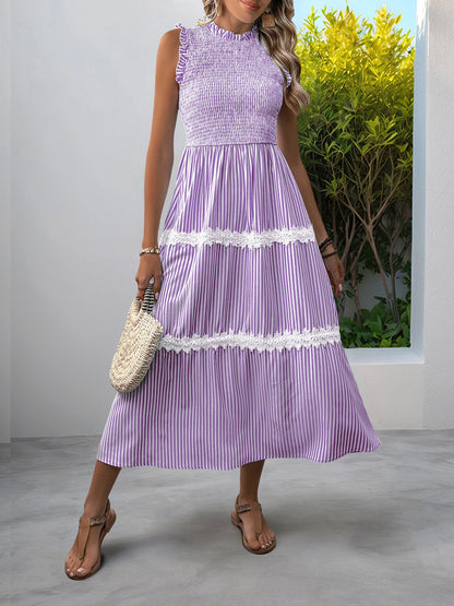 Ruffled Sleeveless Striped Smocked Lace Tiered Dress