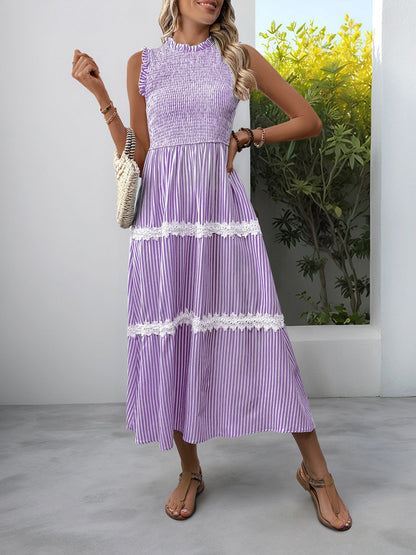 Ruffled Sleeveless Striped Smocked Lace Tiered Dress