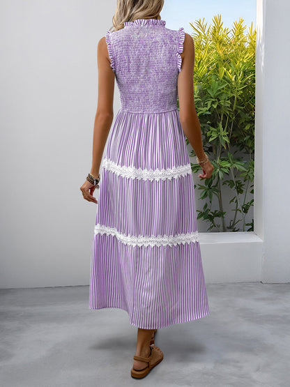 Ruffled Sleeveless Striped Smocked Lace Tiered Dress