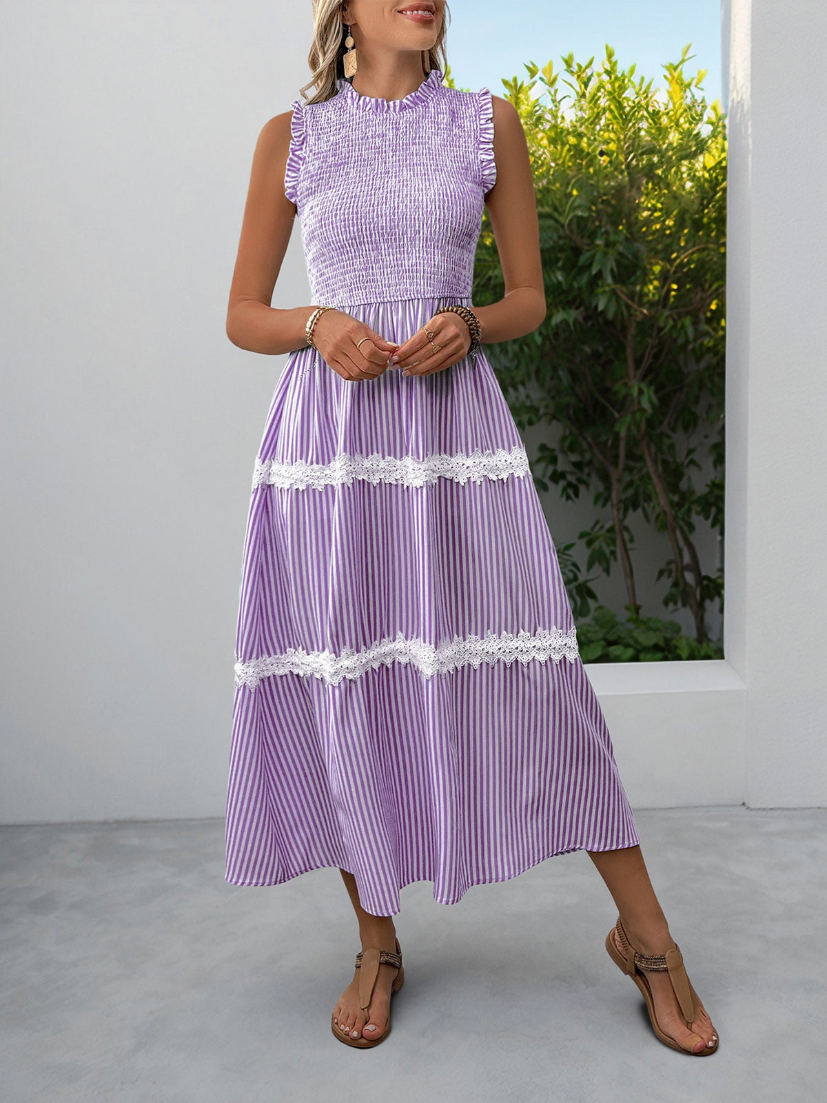 Ruffled Sleeveless Striped Smocked Lace Tiered Dress
