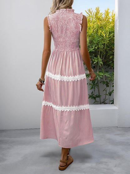 Ruffled Sleeveless Striped Smocked Lace Tiered Dress