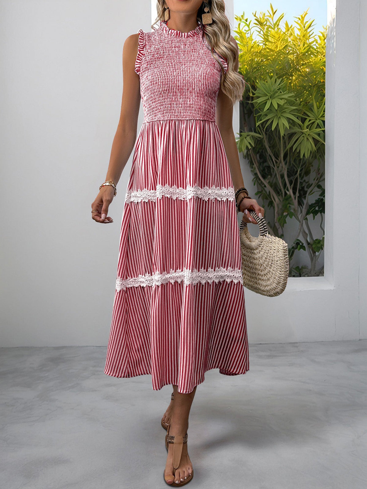 Ruffled Sleeveless Striped Smocked Lace Tiered Dress