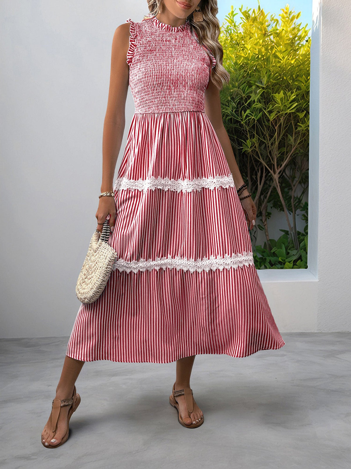 Ruffled Sleeveless Striped Smocked Lace Tiered Dress