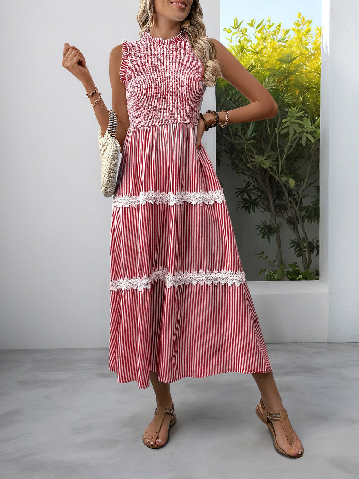 Ruffled Sleeveless Striped Smocked Lace Tiered Dress