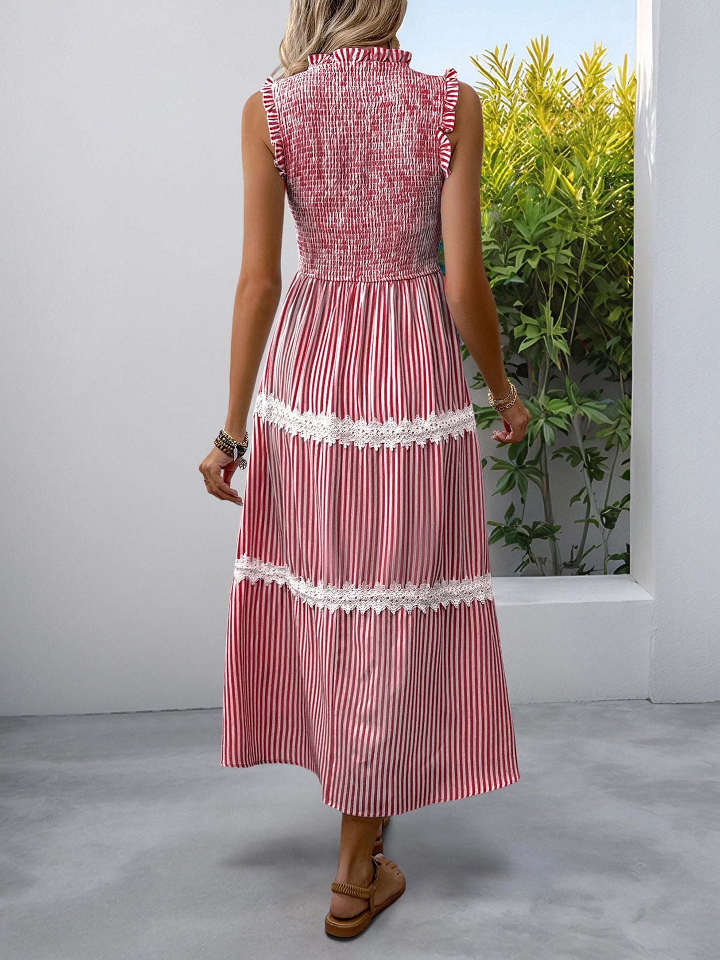 Ruffled Sleeveless Striped Smocked Lace Tiered Dress