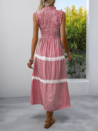 Ruffled Sleeveless Striped Smocked Lace Tiered Dress
