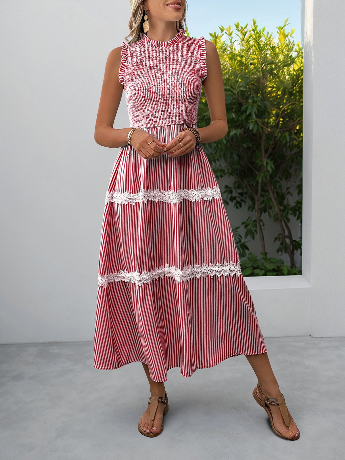 Ruffled Sleeveless Striped Smocked Lace Tiered Dress