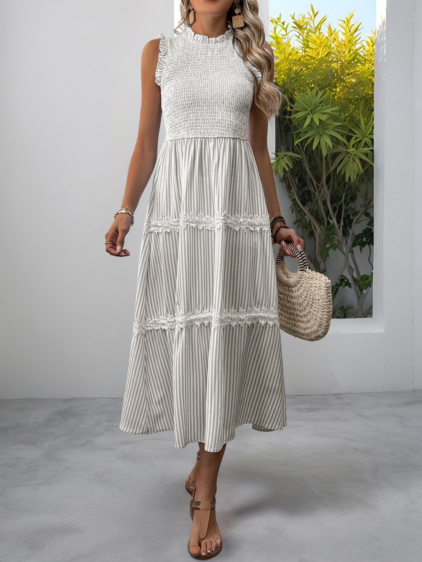 Ruffled Sleeveless Striped Smocked Lace Tiered Dress