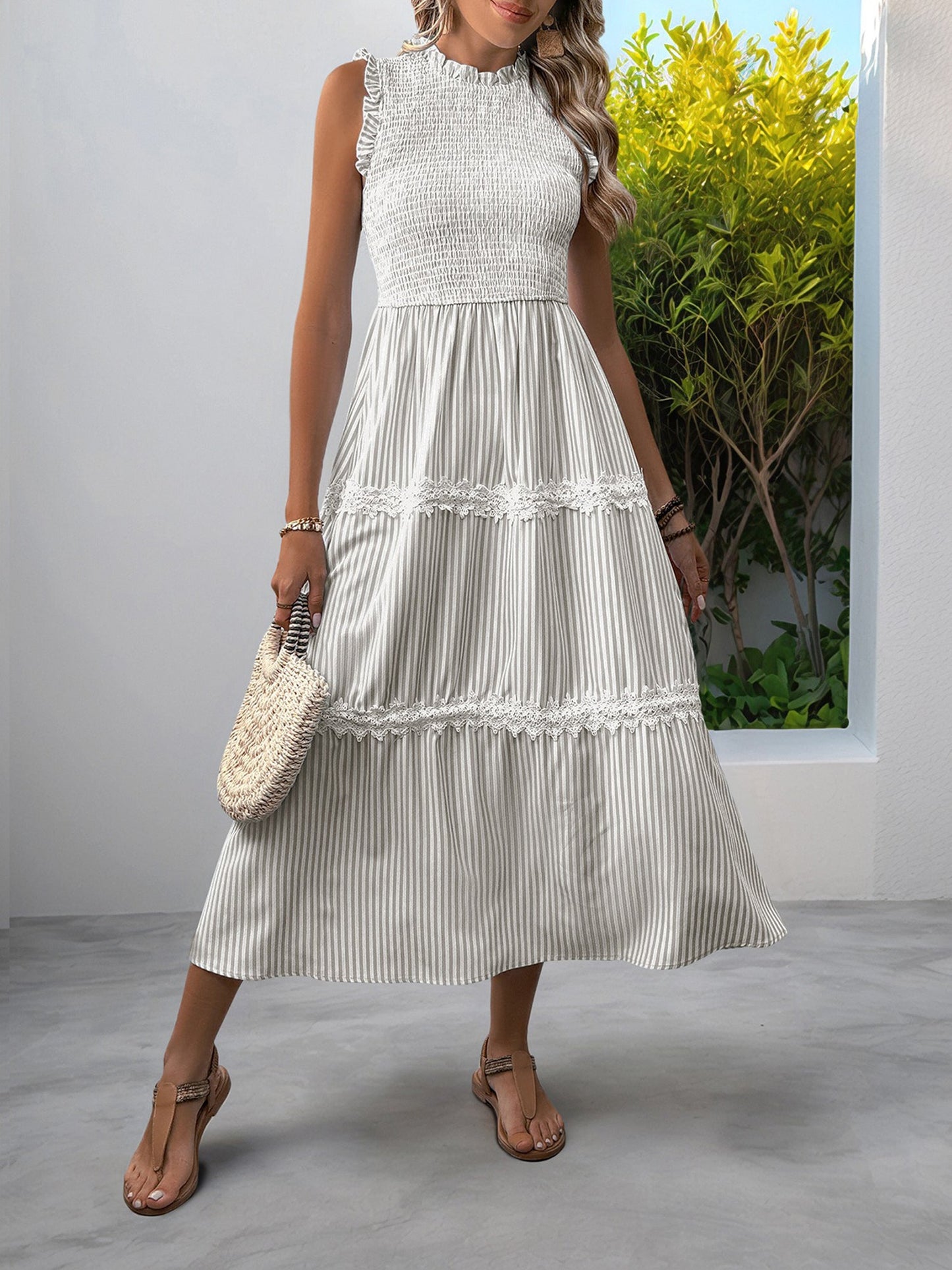 Ruffled Sleeveless Striped Smocked Lace Tiered Dress