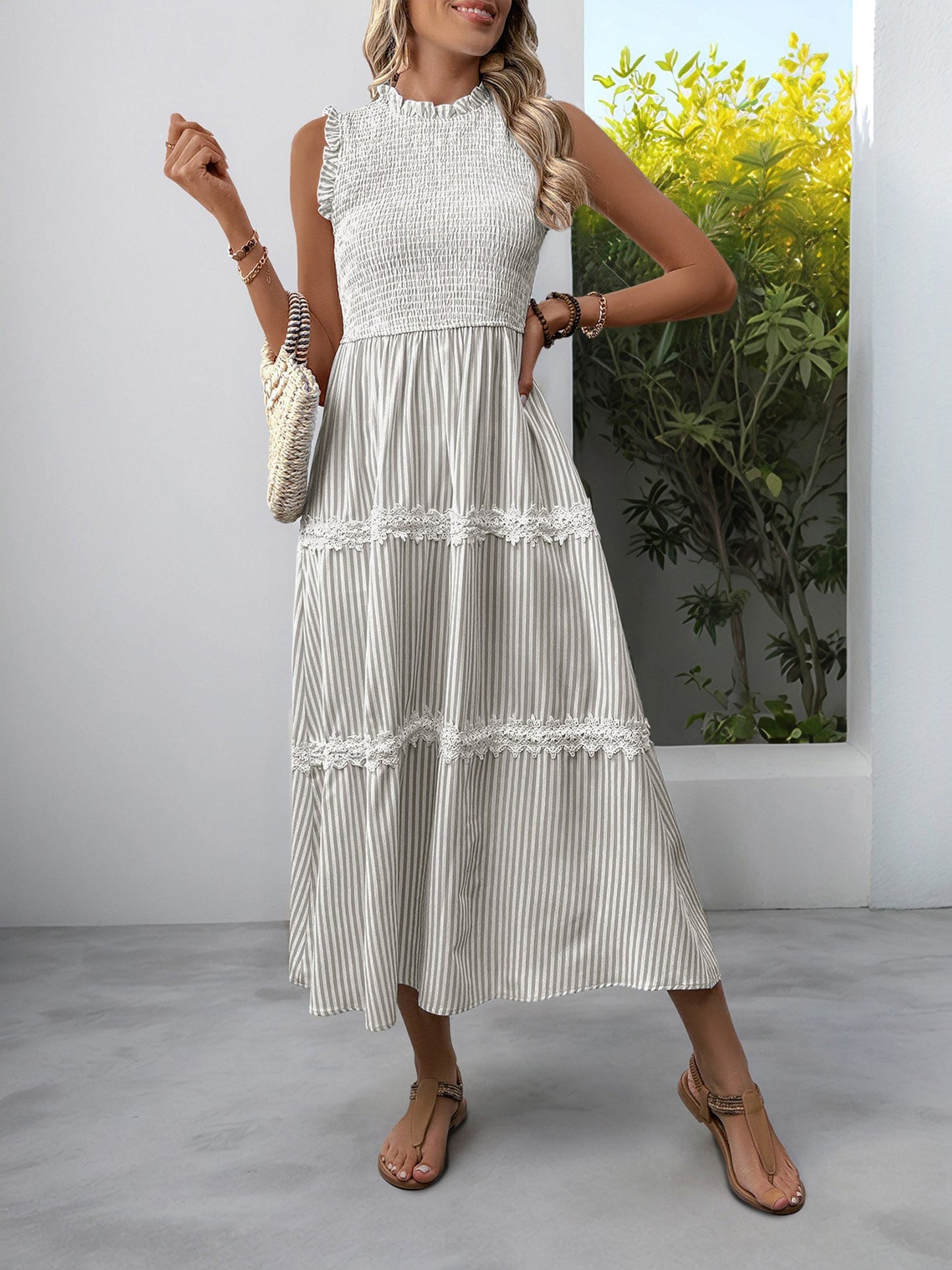 Ruffled Sleeveless Striped Smocked Lace Tiered Dress