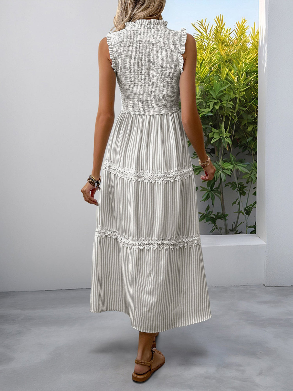 Ruffled Sleeveless Striped Smocked Lace Tiered Dress
