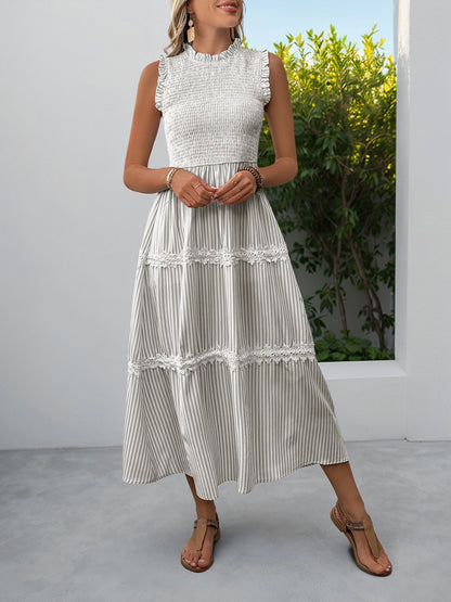 Ruffled Sleeveless Striped Smocked Lace Tiered Dress
