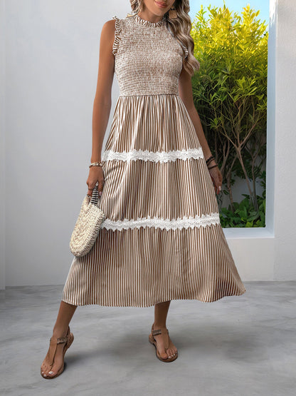 Ruffled Sleeveless Striped Smocked Lace Tiered Dress