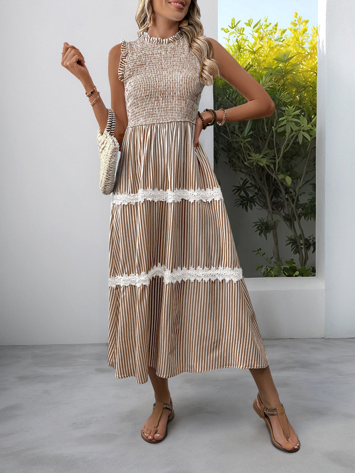 Ruffled Sleeveless Striped Smocked Lace Tiered Dress