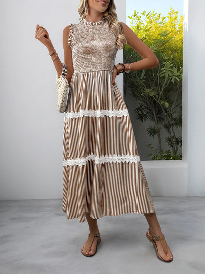 Ruffled Sleeveless Striped Smocked Lace Tiered Dress