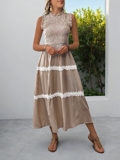Ruffled Sleeveless Striped Smocked Lace Tiered Dress