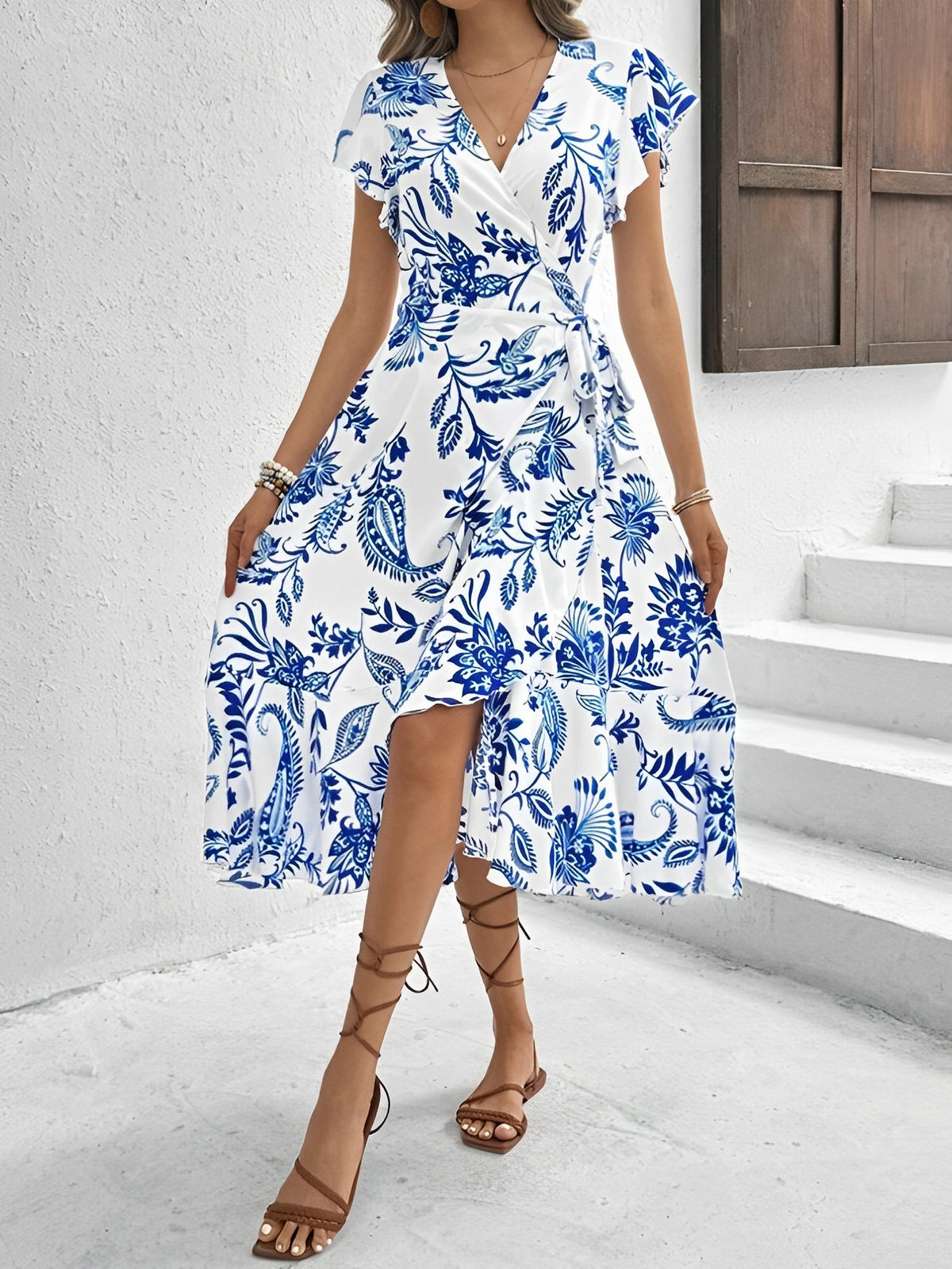 Floral Ruffled Short Sleeves Lace-Up Wrap Dress