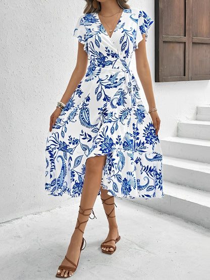 Floral Ruffled Short Sleeves Lace-Up Wrap Dress