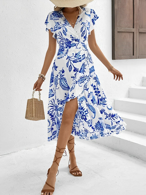 Floral Ruffled Short Sleeves Lace-Up Wrap Dress