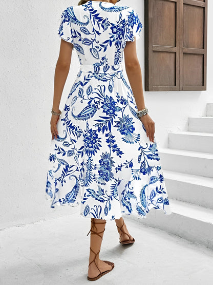 Floral Ruffled Short Sleeves Lace-Up Wrap Dress