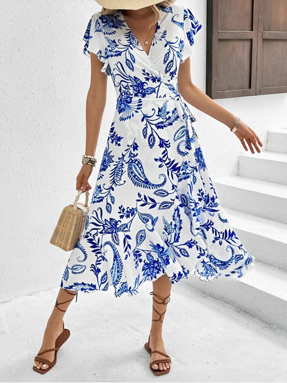 Floral Ruffled Short Sleeves Lace-Up Wrap Dress