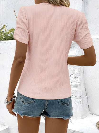 Round Neck Ruched Short Sleeve Textured Blouse