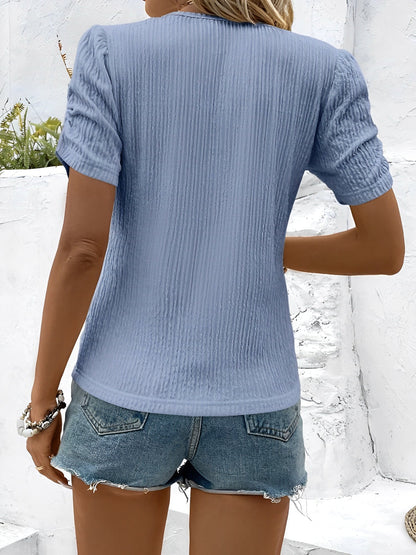 Round Neck Ruched Short Sleeve Textured Blouse