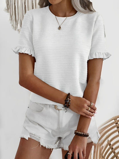 Round Neck Ruffled Short Sleeve Textured Blouse