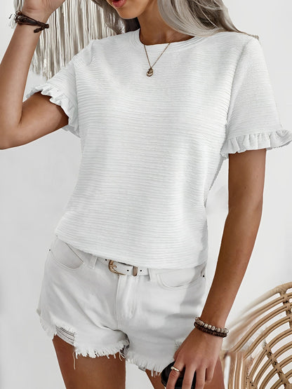 Round Neck Ruffled Short Sleeve Textured Blouse