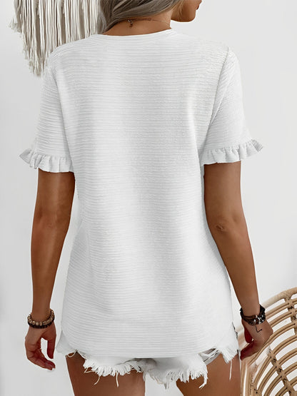 Round Neck Ruffled Short Sleeve Textured Blouse