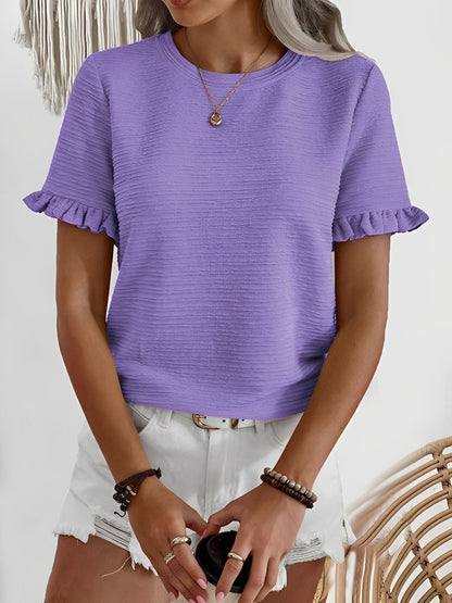 Round Neck Ruffled Short Sleeve Textured Blouse
