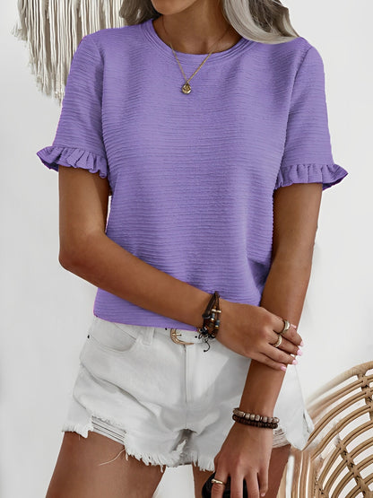 Round Neck Ruffled Short Sleeve Textured Blouse