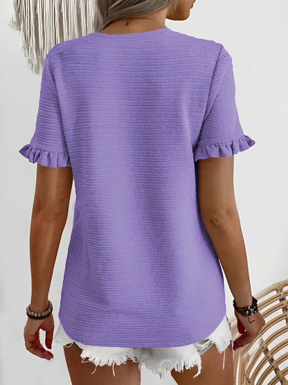 Round Neck Ruffled Short Sleeve Textured Blouse